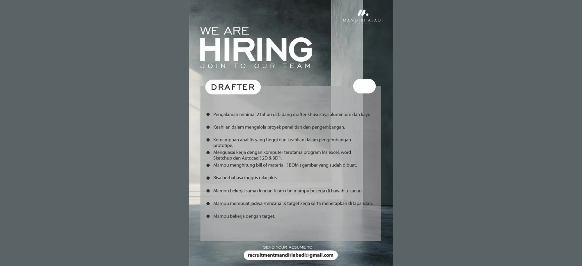 Lowongan Drafter di CV Mandiri Abadi, Kesempatan Buat yang Serius di Dunia Furniture